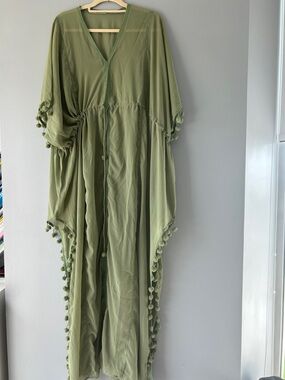 Olive Green Pom-Trim Maxi Kaftan Dress
